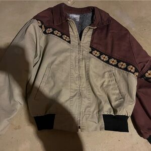 Two-Tone Southwestern Trim Jacket - Beige & Brown wool lined